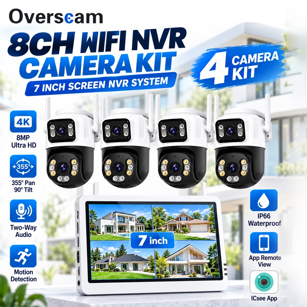 7 Inch Display 8CH WiFi NVR Surveillance Kit 4x 8MP Dual Lens PTZ Cameras 4K UHD Outdoor IP66 CCTV System Motion Alert iCSee App