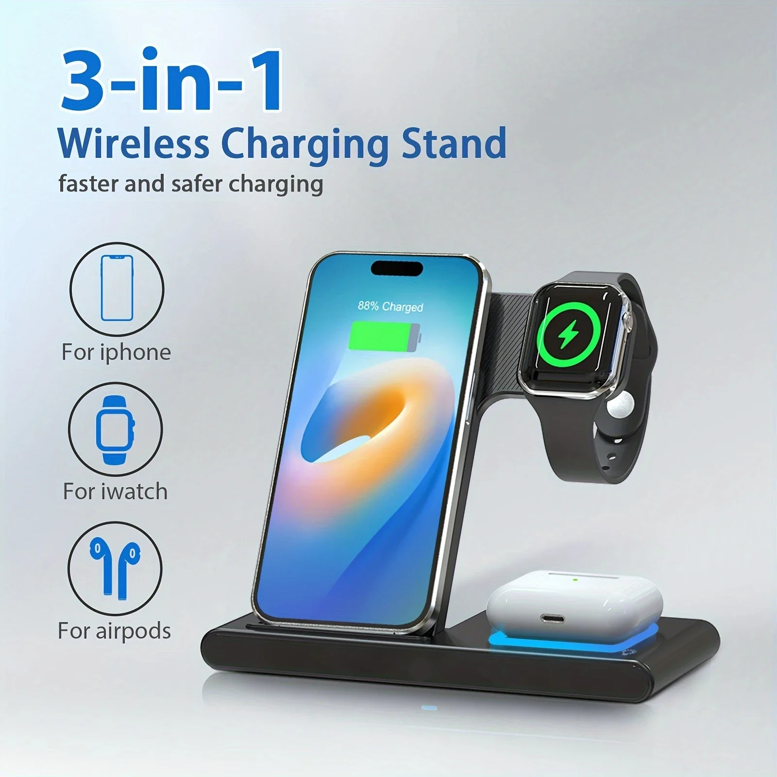Portable 3 In 1 Fast Wireless Charger, FoldableFor IPhone 15 14 Pro Max 13 12, For IWatch 9 8 7 6 5 4 3 2 Se, For Airpods 3 Pro2
