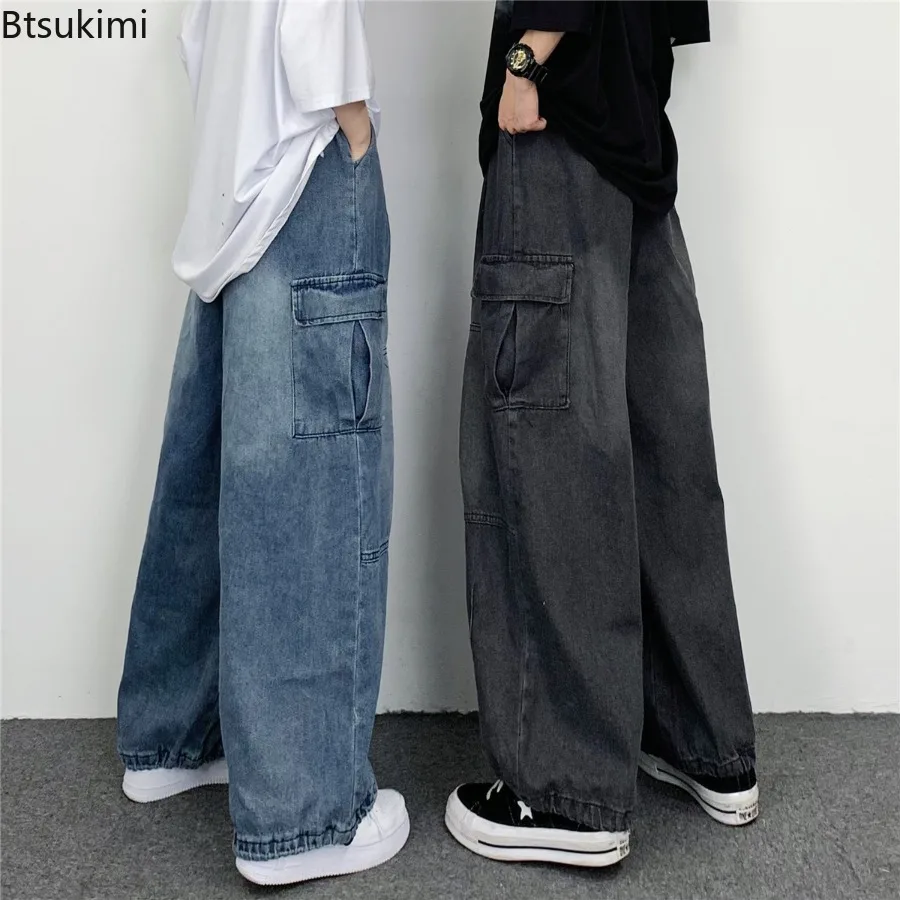 2026 Men's Big Pocket Overalls Spring Autumn Vinatge Wide Leg Pants Y2K Neutral Straight Casual Pants High Street Hip Hop Jeans