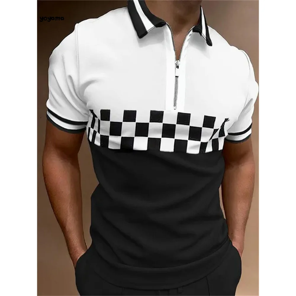 

Men's Short Sleeve Polo Shirt Line Plaid Printed Breathable Streetwear Fashion Splicing Men's Casual Shirt Turtleneck Zipper Top
