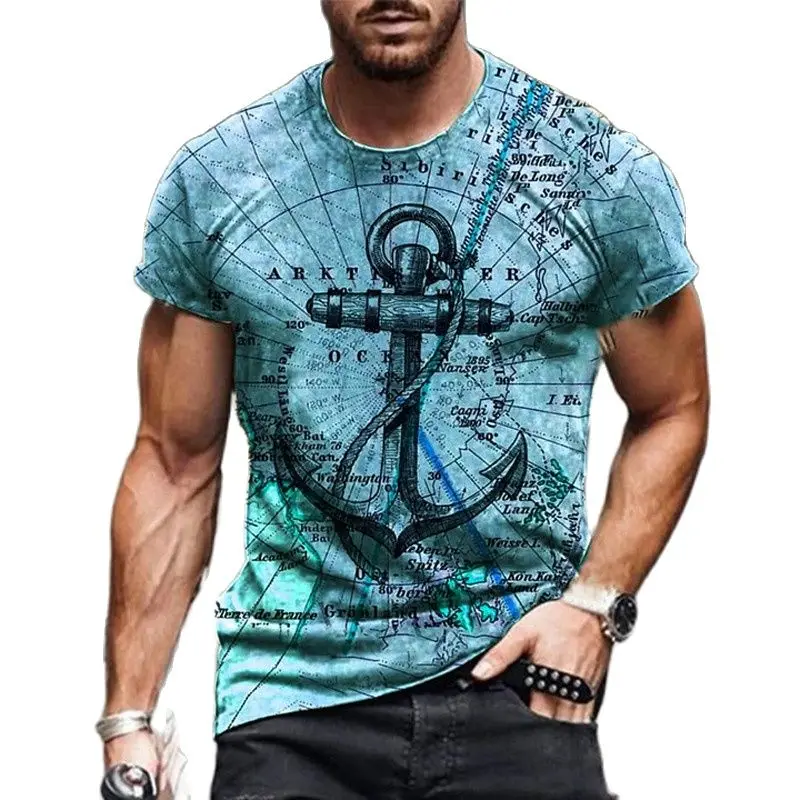 Camiseta con estampado 3D de ancla para hombre, camiseta de verano de secado rápido transpirable con cuello redondo, manga corta, estilo europeo y