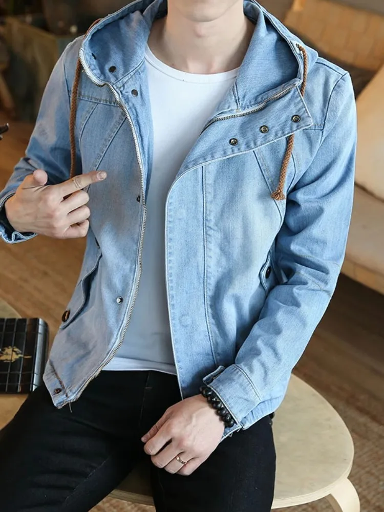 Spring Autumn Japanese Retro Mens Hooded Denim Jacket New Slim Fit Zipper Casual Outerwear Male Long Sleeve Streetwear Coats