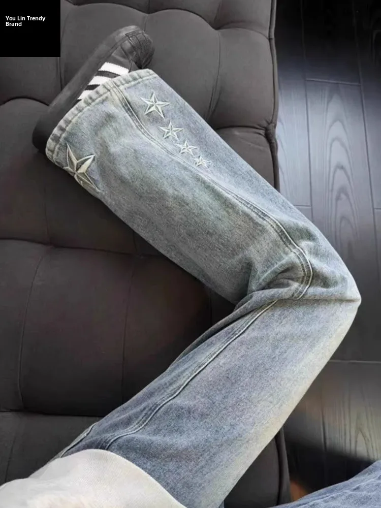 

Мужские джинсы с вышивкой, синие, с эффектом потертости, зимние, модные, на флисовой подкладке, с расклешенными штанинами, с высокой талией, прямого кроя, в стиле «Knife»