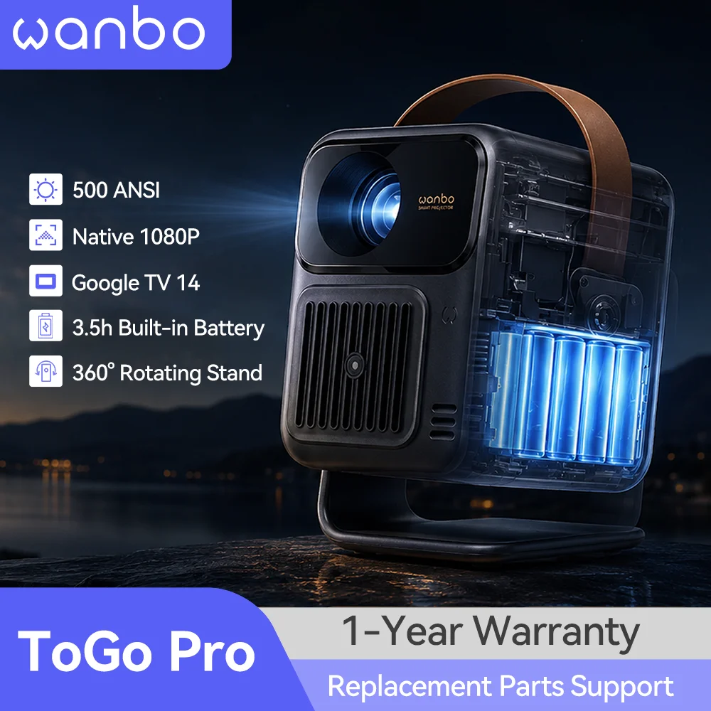 Proyector Portátil Wanbo Togo Pro, Batería Integrada (3,5 h), 500 ANSI, 1080P Nativo, Google TV, Lente Sellada, para Exteriores y Jardín