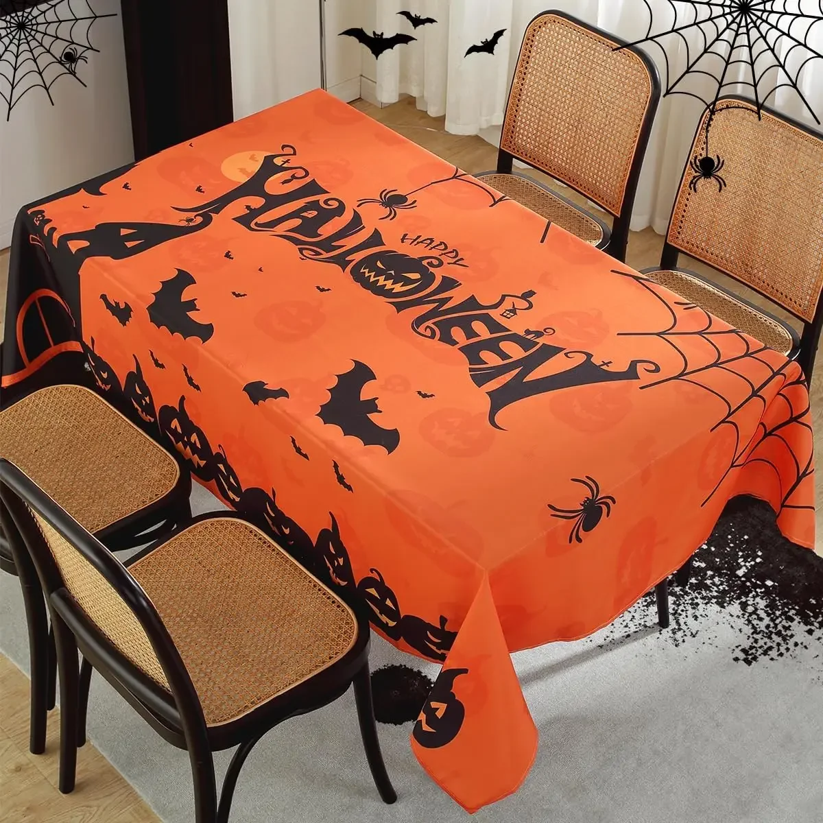 Halloween Scary Pumpkins Castle Spider Web Rectangle Tablecloth Dining Decor Reusable Tablecloth for Table Halloween Decoration