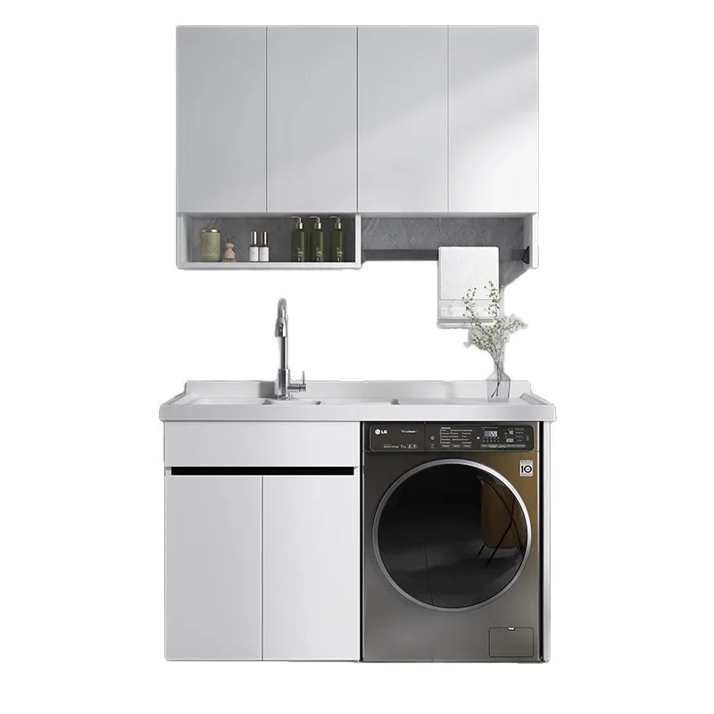 Honeycomb Aluminum Laundry Sink Cabinet, Quartz Countertop Basin with Washboard, Integrated Combo Unit
