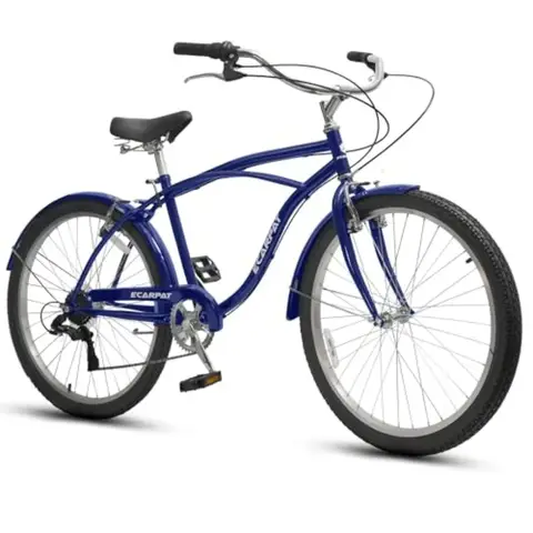 26 Inch Beach Cruiser Bike for Adult, Steel Frame, Navy Blue, Comfortable Commuter with Rattan Basket, 7-Speed, Adjustable Seat