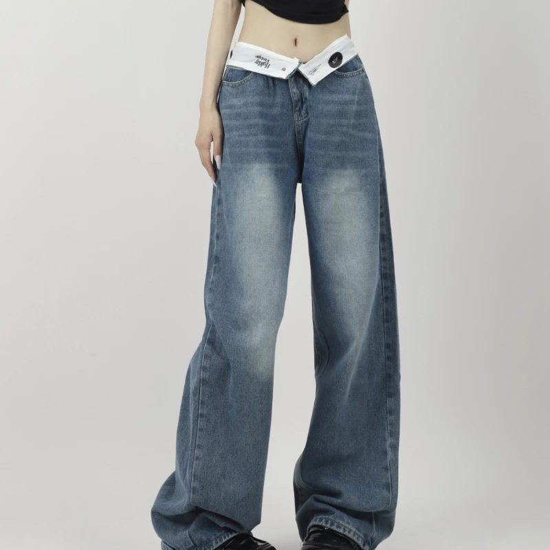 

Deeptown Y2k Vintage Women Jeans Flanged Design Harajuku High Waist Korean Fashion Denim Pants Baggy Wide Leg Streetwear Spring