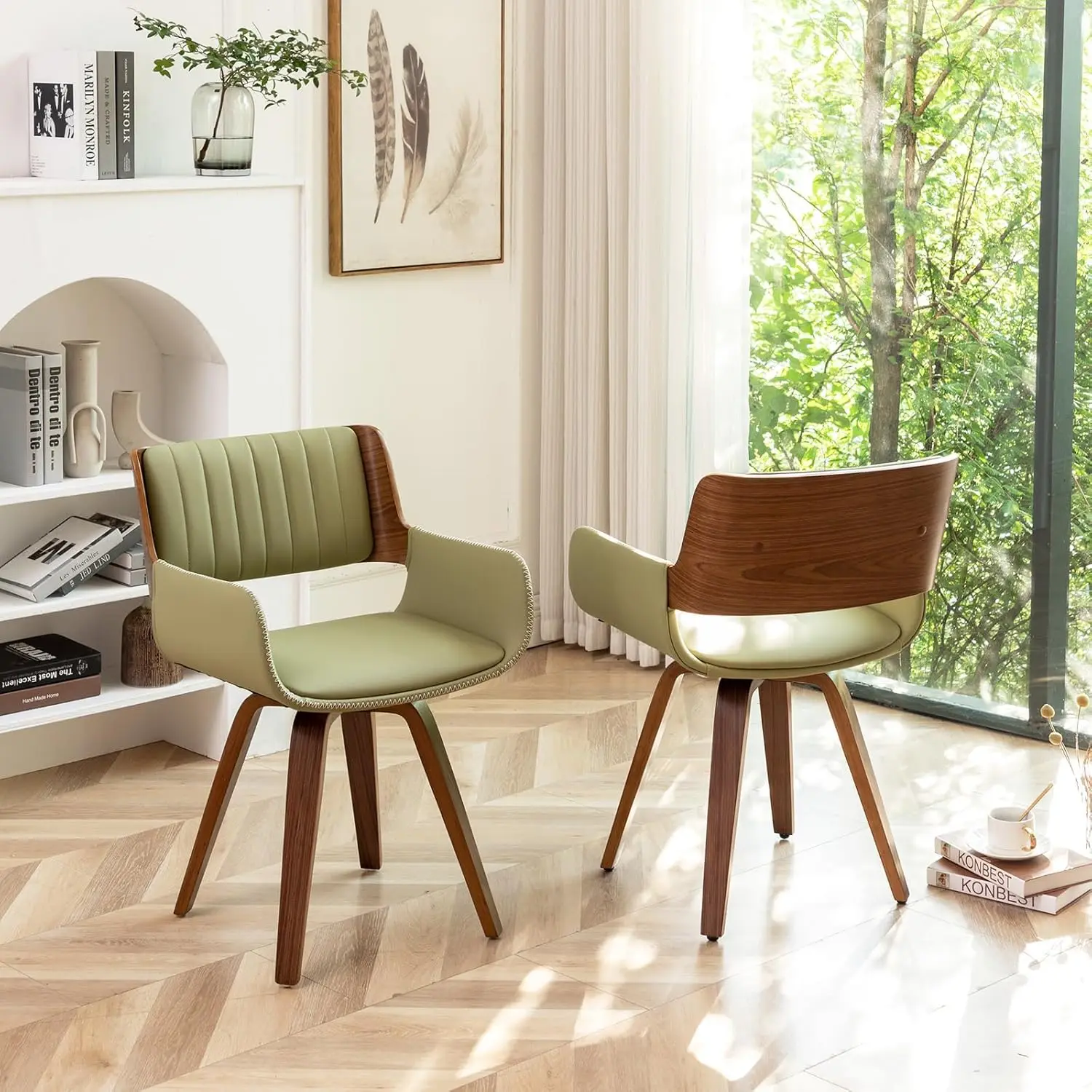 طقم كراسي طعام دوارة مكونة من قطعتين، جلد صناعي بيج، أرجل خشبية، أقدام قابلة للتعديل #4