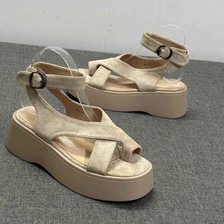 Med Open Toe Cross Fashion Womens Shoes 2024 Clogs With Heel Buckle Wedge Sandals Summer Suit Female Beige Flip Flops Platform M