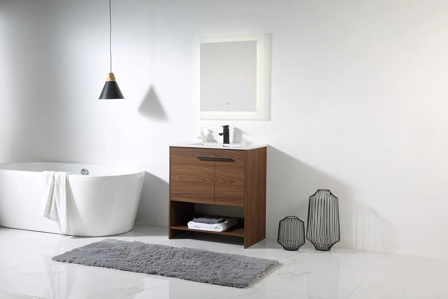 Phoenix 30 in. L x 18.5 inci. D x 33.5 in. H kamar mandi Vanity di Walnut dengan wastafel keramik putih [perakitan penuh diperlukan]