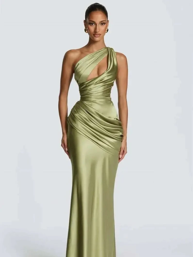 Chaxiaoa Satin One Shoulder Sexy Maxi Dress Women Elegant Diagonal Collar Cutout Ruched Bodycon Mermaid Long Evening Party Gown