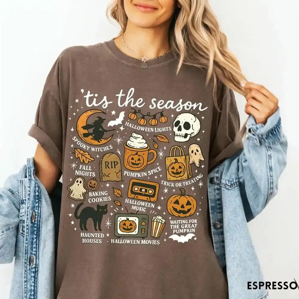 

Women's Academia loween T-irt Pumpkin Ghost Witch Theme Cotton Blend Ciwalk ential Cleanfit Sle Nine-quarter Sve