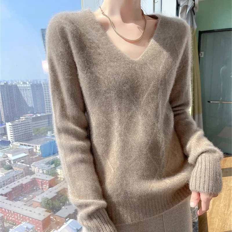 V-neck Pullovers Women Solid Autumn Winter Basic Jumpers Daily Minimalist Ladies Casual Tops Fashion Korean Style Cashmere Soft