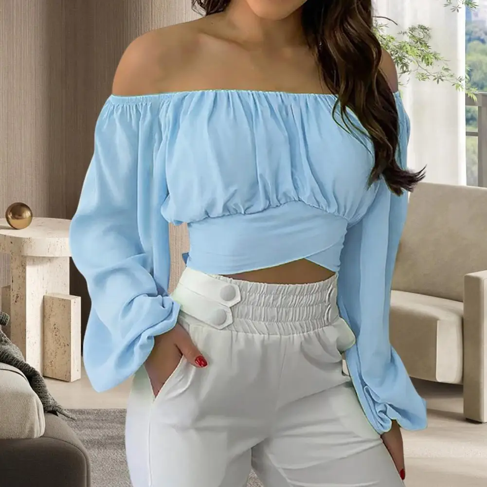 Women Elegant Boho Print Blouse Casual Long Lantern Sleeve Sexy Off Shoulder Slim Shirt Female Chic Cropped Top Summer Tunics