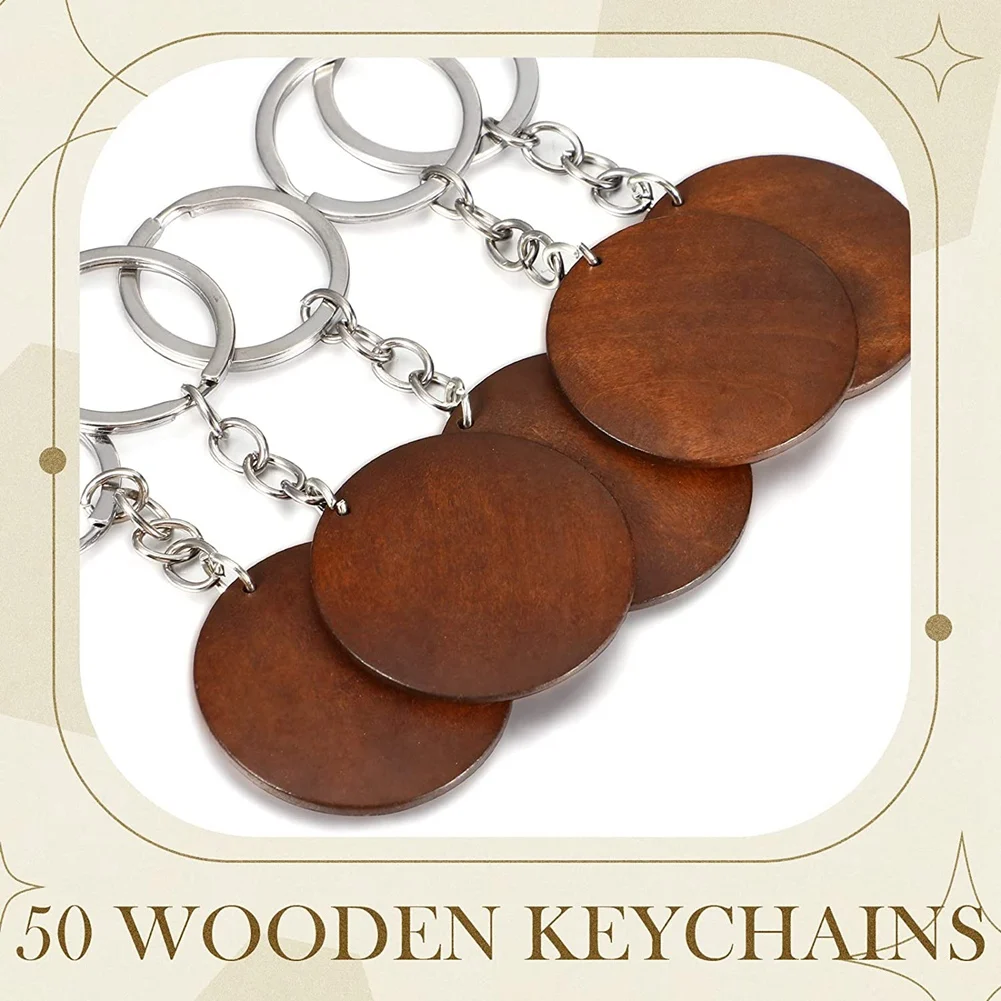 50 Pieces Wood Engraving Blanks Round Wooden Set Rings Key Tags Supplies for DIY Gift Crafts