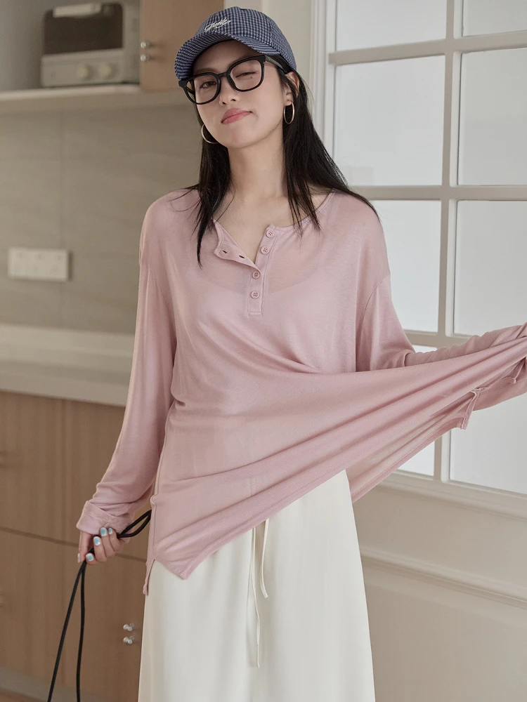 

Розовая летняя длинная футболка-блузка женская свободного кроя, тонкая, драпированная, для кондиционированного воздуха, в корейском стиле, повседневная, для отдыха