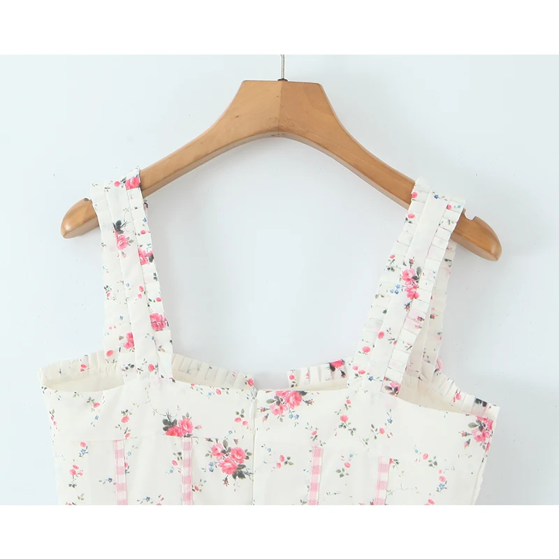 Sweet Floral Print Plaid Spliced Summer Mini Dress Women Elegant A-line Slim Low Waist Short Tank Dresses Party Robe