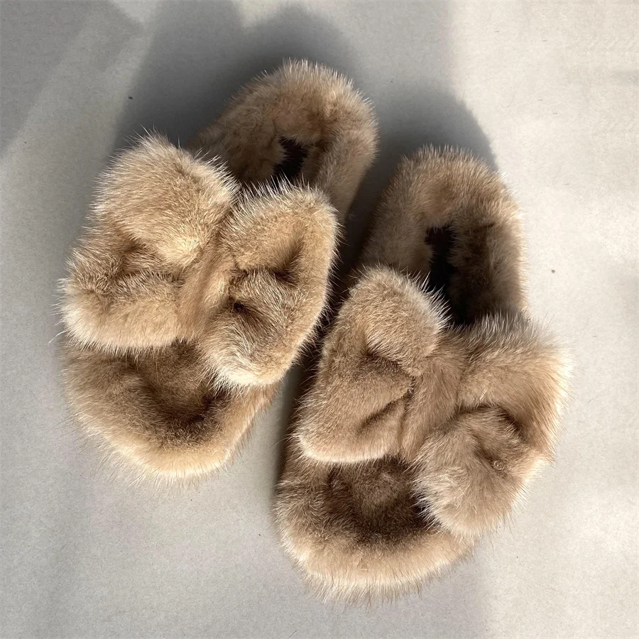 Luxury Designer Female Shoes Winter Slippers For Women Real Mink Fur Slides Rubber Flat Bottom Warm Soft Indoor Women  Slippers