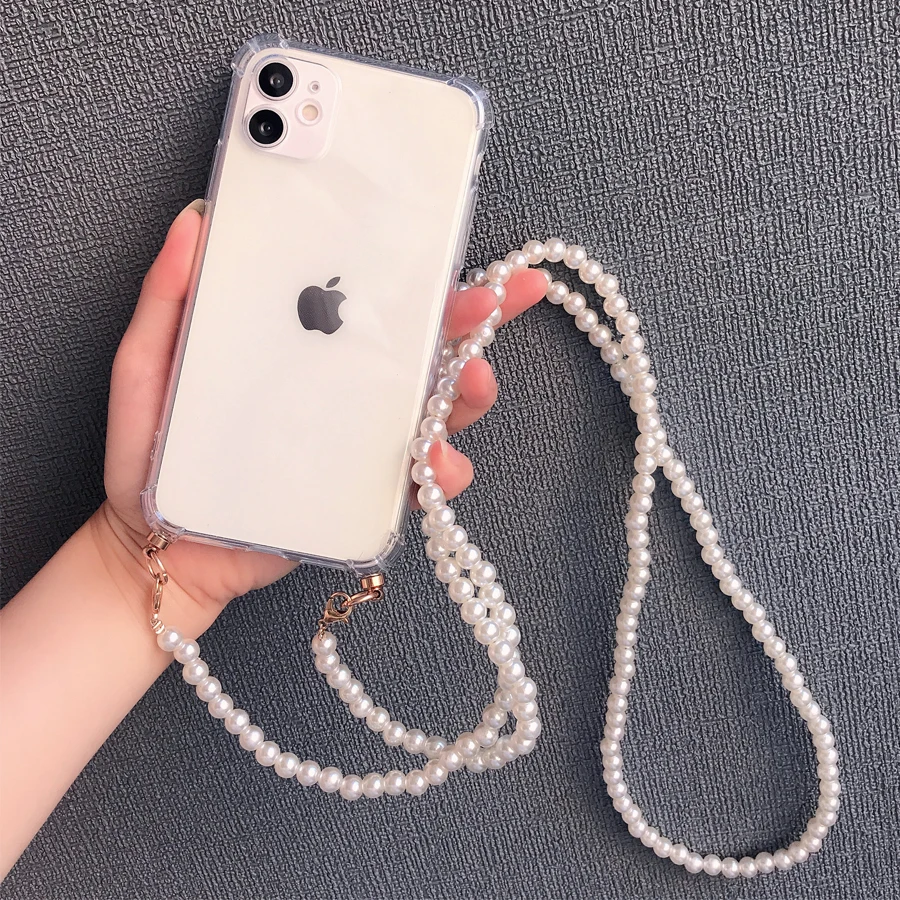 Pearl Crossbody Lanyard Strap Chain Phone Case For iphone 14 15 13 12 11 Pro Max Mini XR X XS SE 2020 7 8 plus Transparent Cover