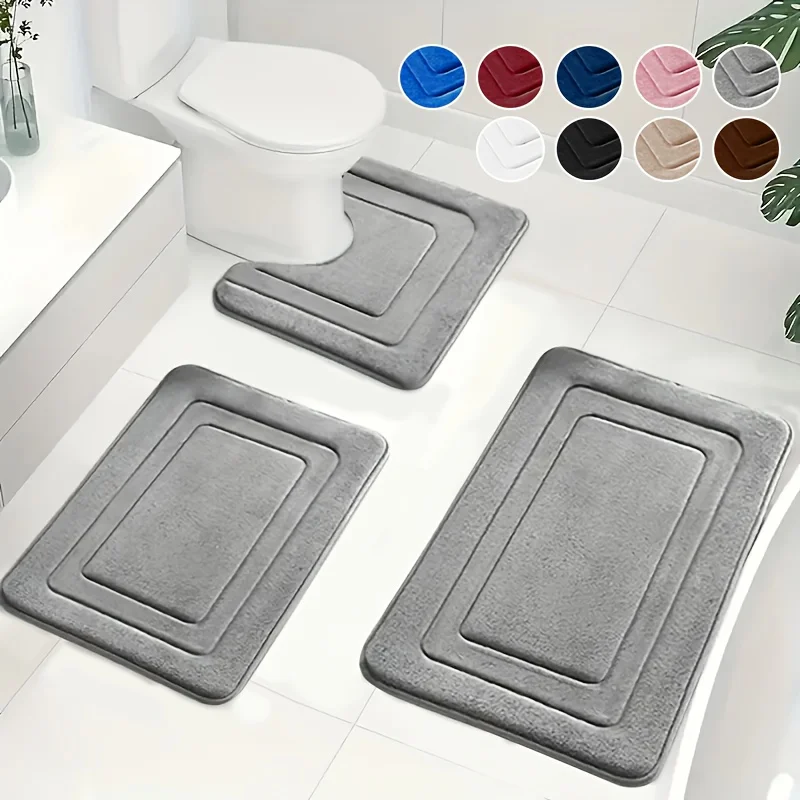

3pcs/Memory Foam Bathroom Rug Set, Comfort Standing Mat. with U-Shaped Toilet Mat. Thick. Super