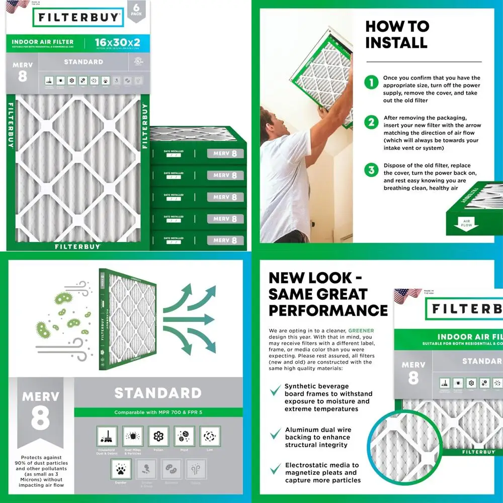 

Защита от пыли MERV 8 16x30x2, сменные плиссированные воздушные фильтры, 6 шт. в упаковке для систем печей HVAC AC