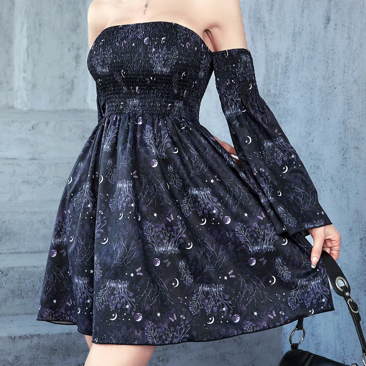 

Women's Gothic Dark Retro Printed Mid-Sleeved off-Shoulder Leisure Mini Dress