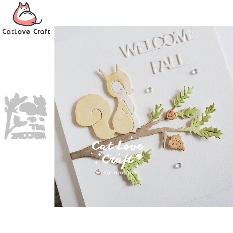 Catlove Autumn Squirrel Pine Tree Metal Cutting Dies Scrapbooking Mold Stencil Die Cuts Card Making DIY Craft Embossing New Dies