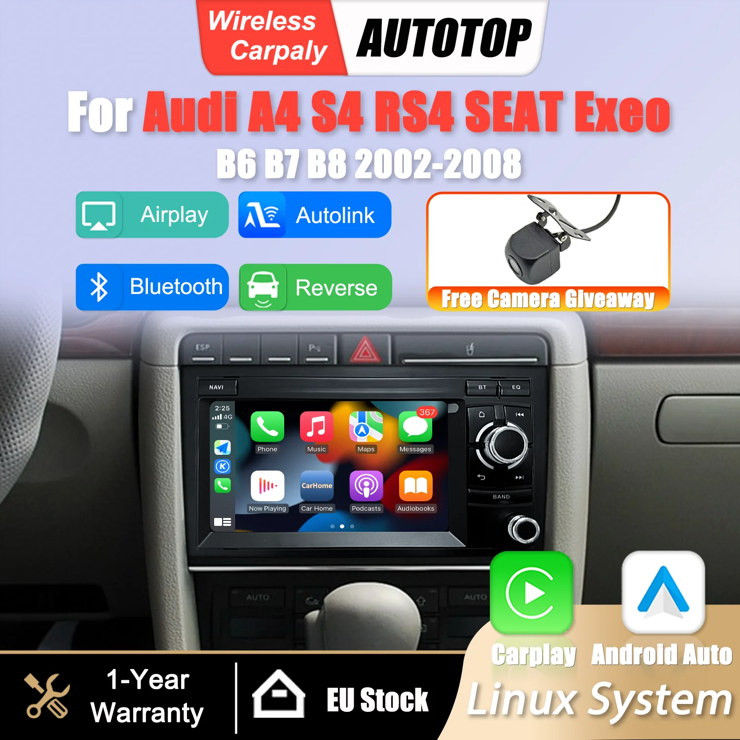 Schermo multimediale Linux da 7 pollici con CarPlay wireless e Android Auto per Audi A4 S4 RS4 SEAT Exeo B6 B7 B8 2002-2008, GPS, navigazione, Bluetooth, telecamera posteriore, autoradio.