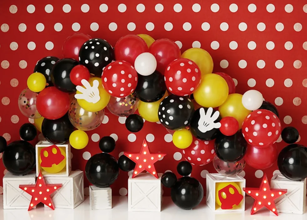 Red Mickey Mouse Party Ballons Backdrops Newborn Baby Shower Background Wall Cloth Baby Shower Kids Birthday Party Decoration