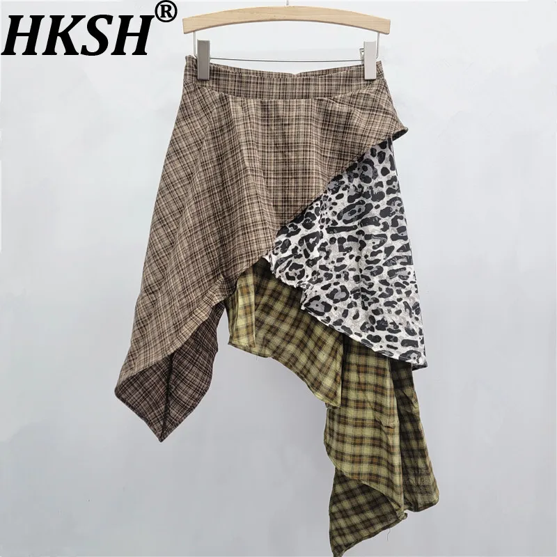 

HKSH весна осень новая женская юбка с леопардовым принтом в стиле пэчворк в клетку нерегулярная американская ретро уличная одежда Y2K повседневные юбки HK16458