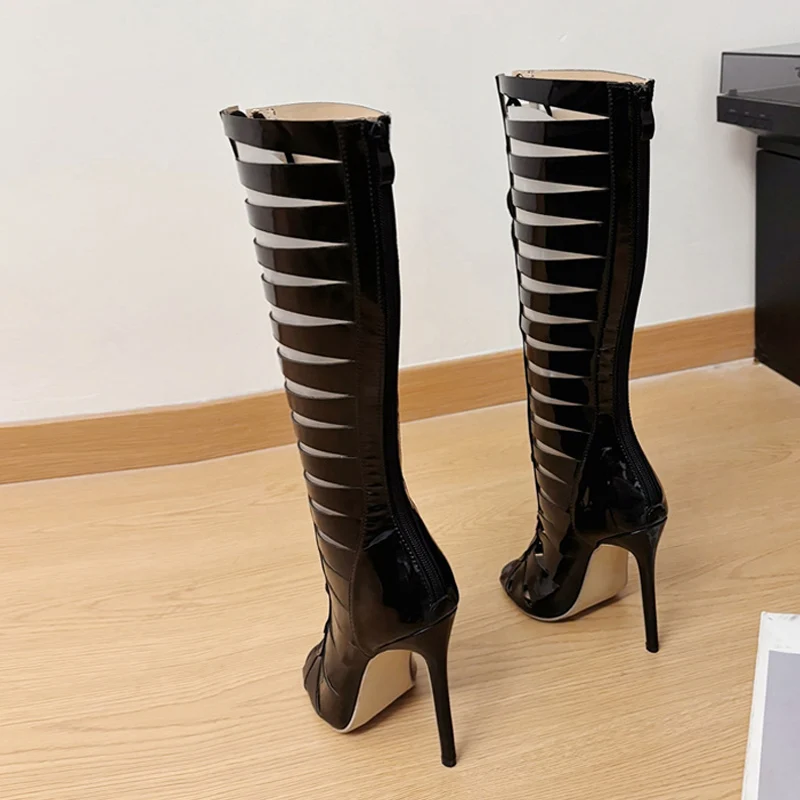 Liyke Fashion Hollow Out Cross Strap Knee High Boots Sandals Women Zip Sexy Peep Toe Stripper Heels Shoes Female Long Booties - Image 6