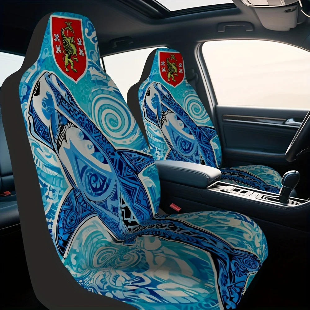 2pcs Fiji Tribal Hammerhead Shark & Fijian Cultural Design Car Seat Covers - & Turquoise Pattern, Easy Install Front Driver & Pa