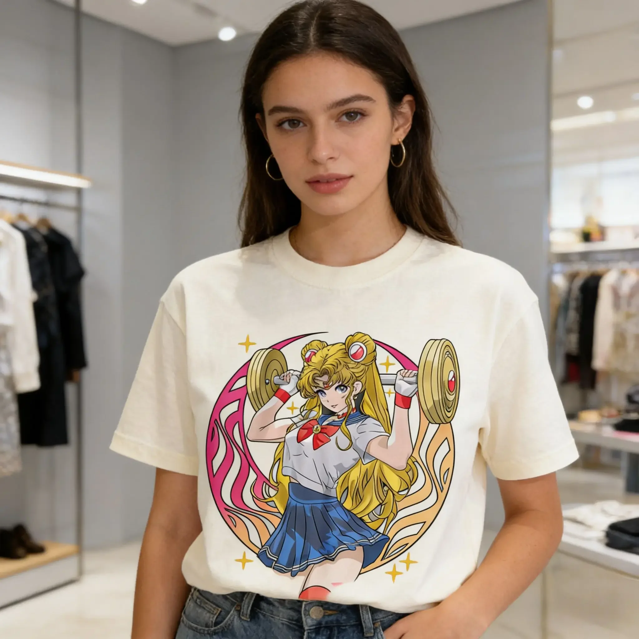 2026 Loose Fit High Quality Cotton Sailor Moon T Shirt Usagi Tsukino Golden Hair Red Ribbon Blue Skirt Lifting Dumbbell Casual