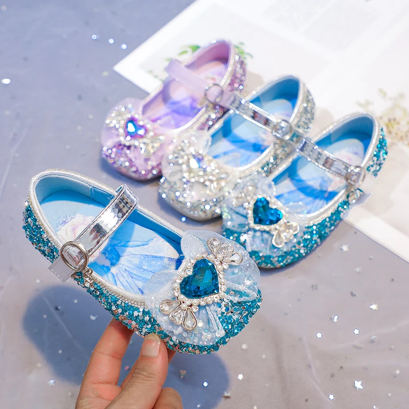 

Disney Frozen Princess Elsa Cartoon Soft Sole Sandals Baby Girl Princess Shoes Crystal Shoes Children Flat Girl Leather Shoes