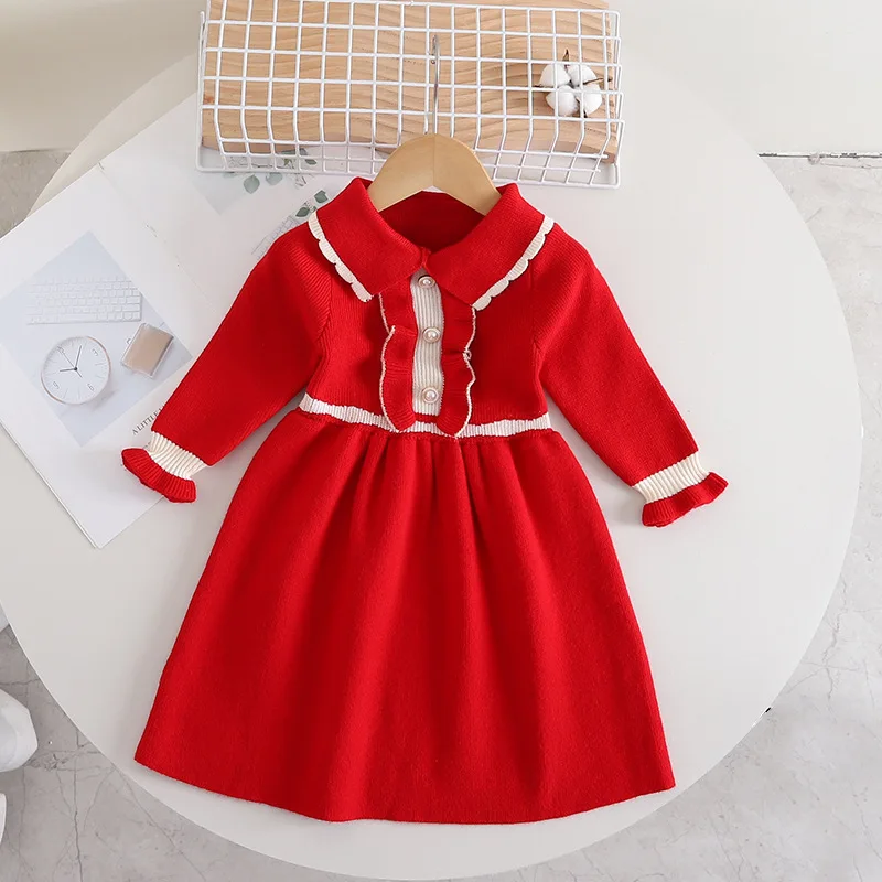 MILANCEL 4-8Y Kids Dresses A Line Knit  Dress for Girls  Turn Down Collar Girls Clothes