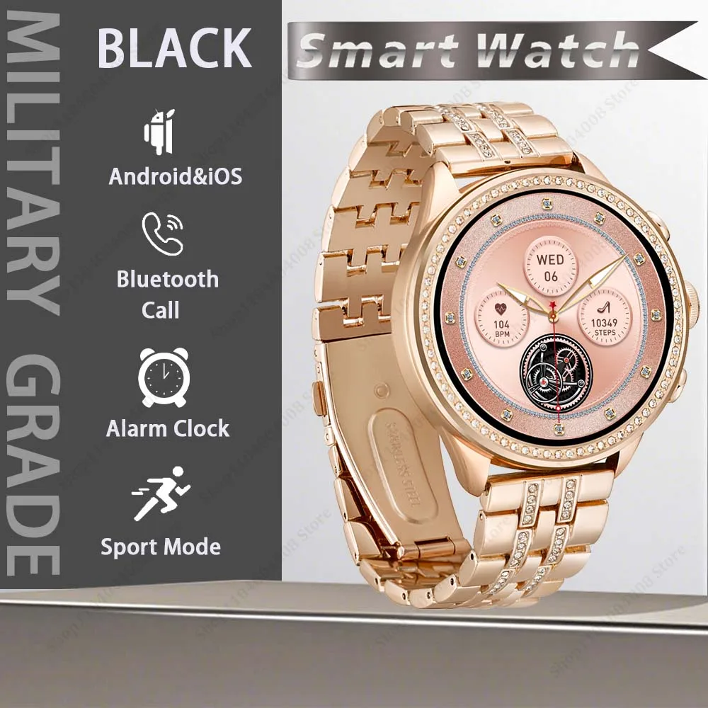 

Роскошные женские умные часы, часы для девочек 1,28 HD BT, отслеживание здоровья, индивидуальный фото, голосовой помощник, рождественский подарок, часы