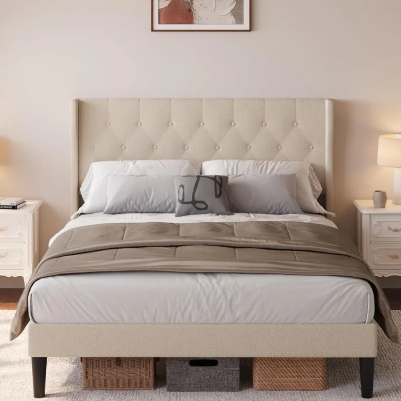 

Queen Size Upholstered Bed Frame with Headboard Storage Under Bed Solid Wood Slats Noise Free Easy Assembly Beige