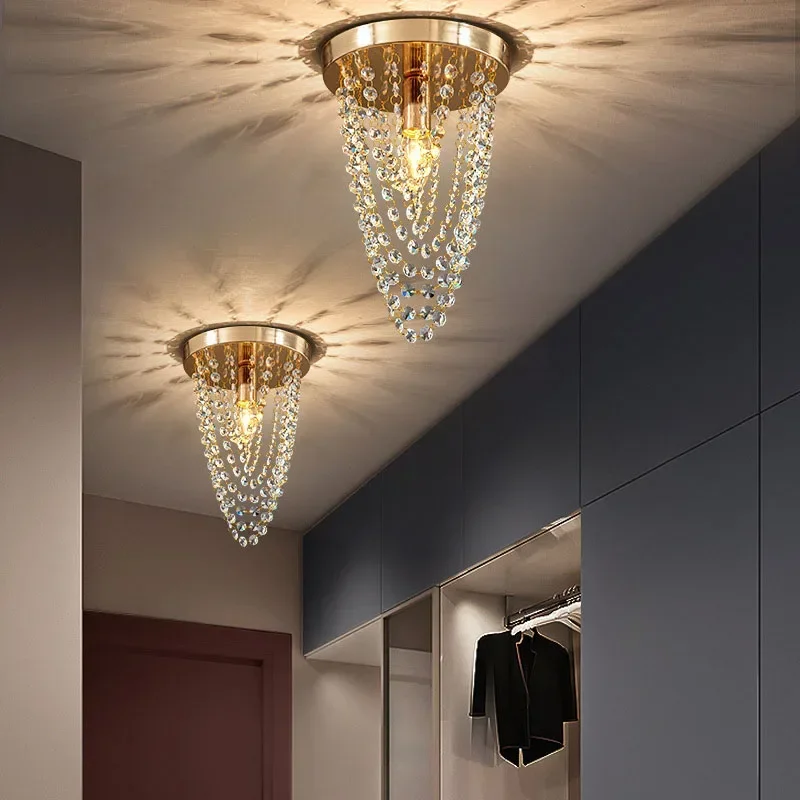 

Luxury Crystal Hall Corridor Porch Balcony Bedroom Light Modern Surface Mounted Bohemian Style Wood Led Ceiling Lights