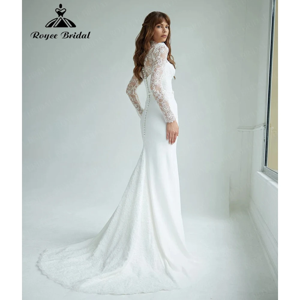 فستان زفاف Roycebridal 2025 جديد برقبة عالية من الدانتيل من الساتان حورية البحر مع حزام دانتيل وأكمام طويلة وقطار سويب مخصص ستنسيدريدريس