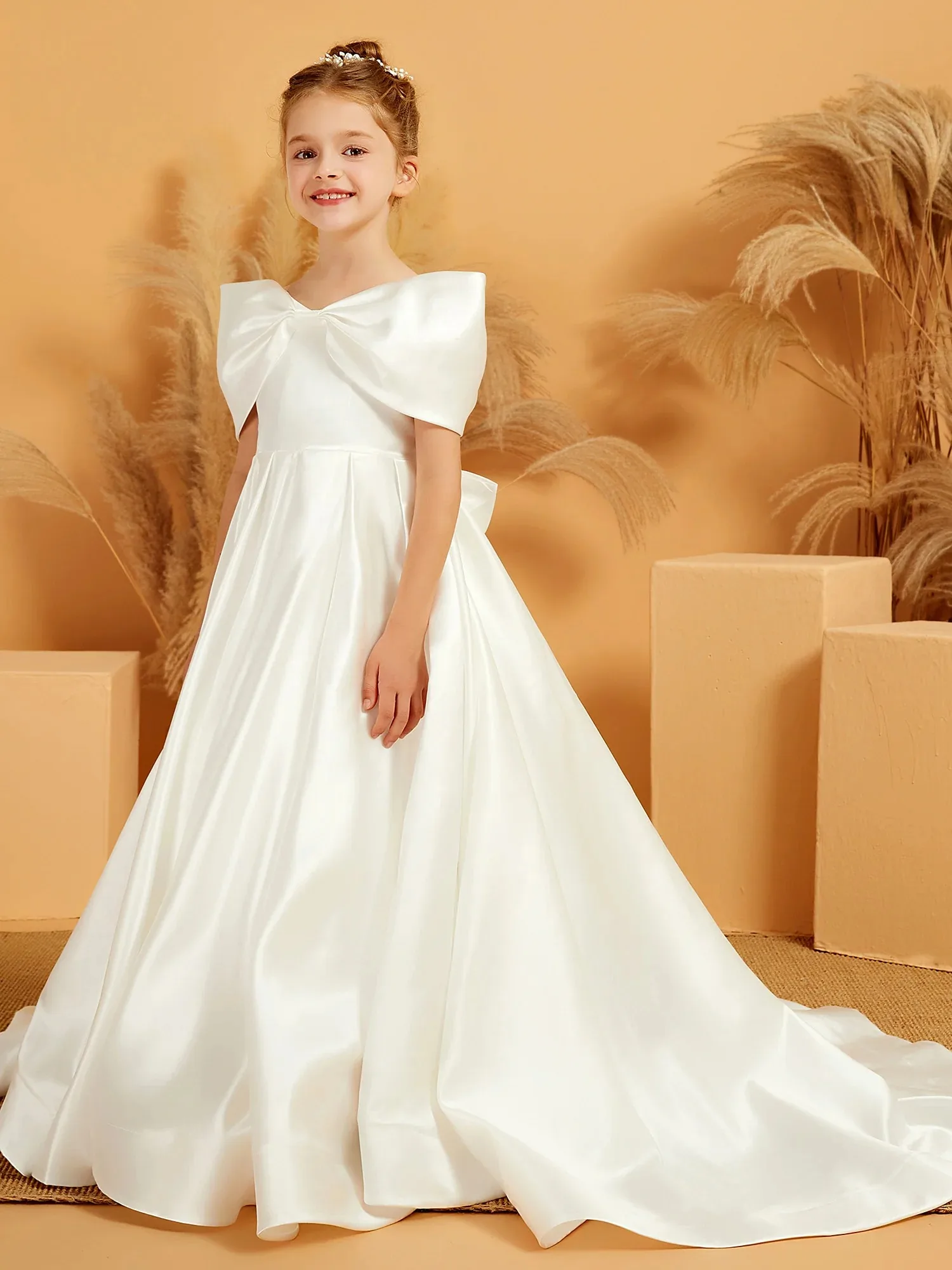 

Customizable white satin flower girl dresses, off-shoulder bow dresses, long A-line tutu dresses, wedding and first communion