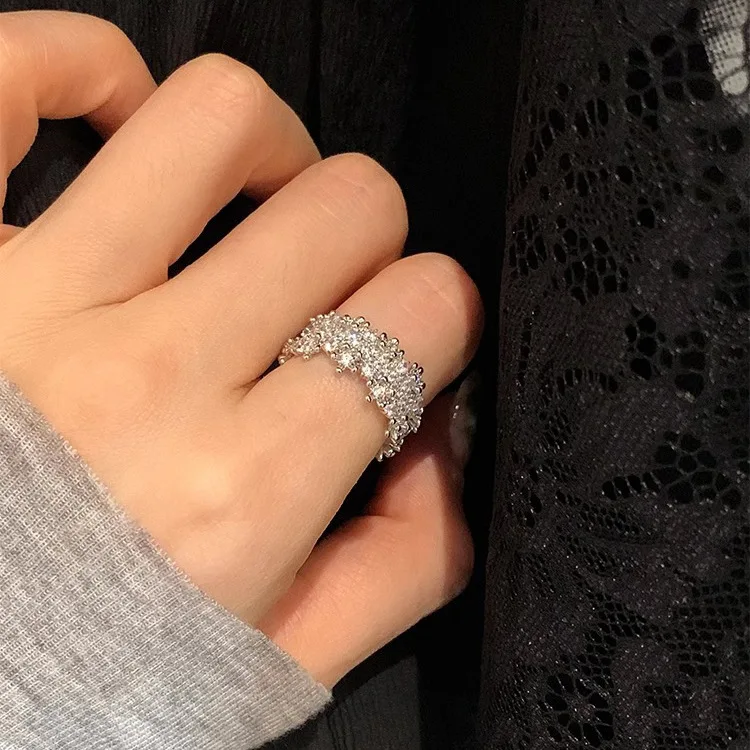 Open Ring Cubic Zirconia Bling Full Set Unique Premium Adjustable Silver Plated Alloy Dainty Stackable Party Jewelry Women
