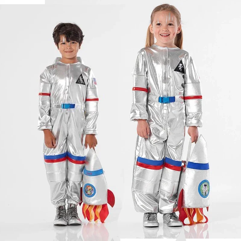 Children Pilot Halloween Costume Outfit Girls Silver Spaceman Jumpsuit Fancy Dress Boys Astronaut Costume