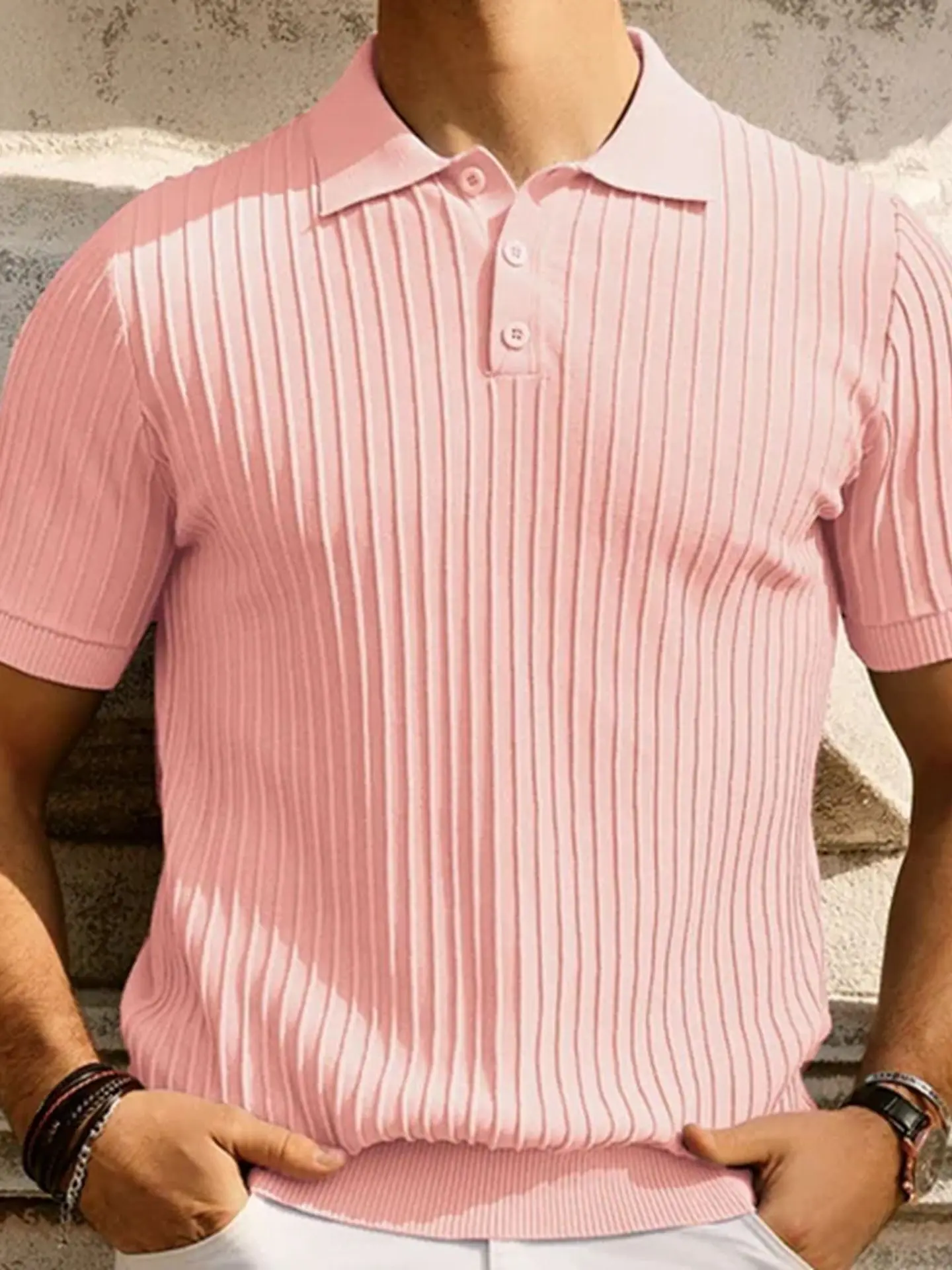 

Summer New Faionable Knitted irt Button ort Sve Turn-down Collar Men's Breathable Casual Pure Color Top