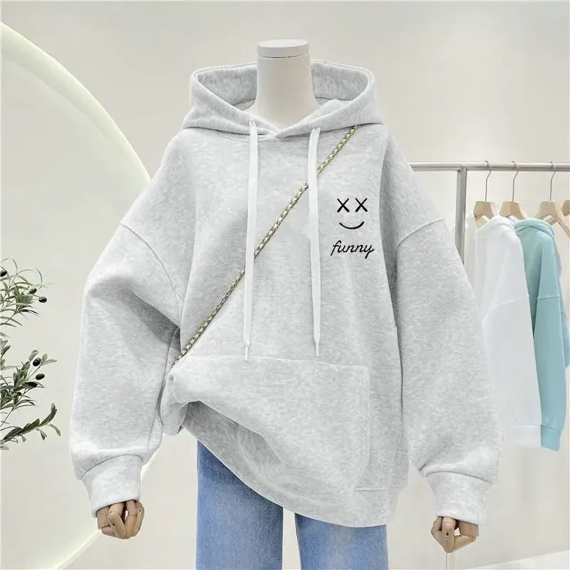 2024 New Women's Hoodie Simple Cute Smiling Face Print Sweatshirt Loose Pocket Warm Fleece Pullover Autumn Winter Fashion Hoodie