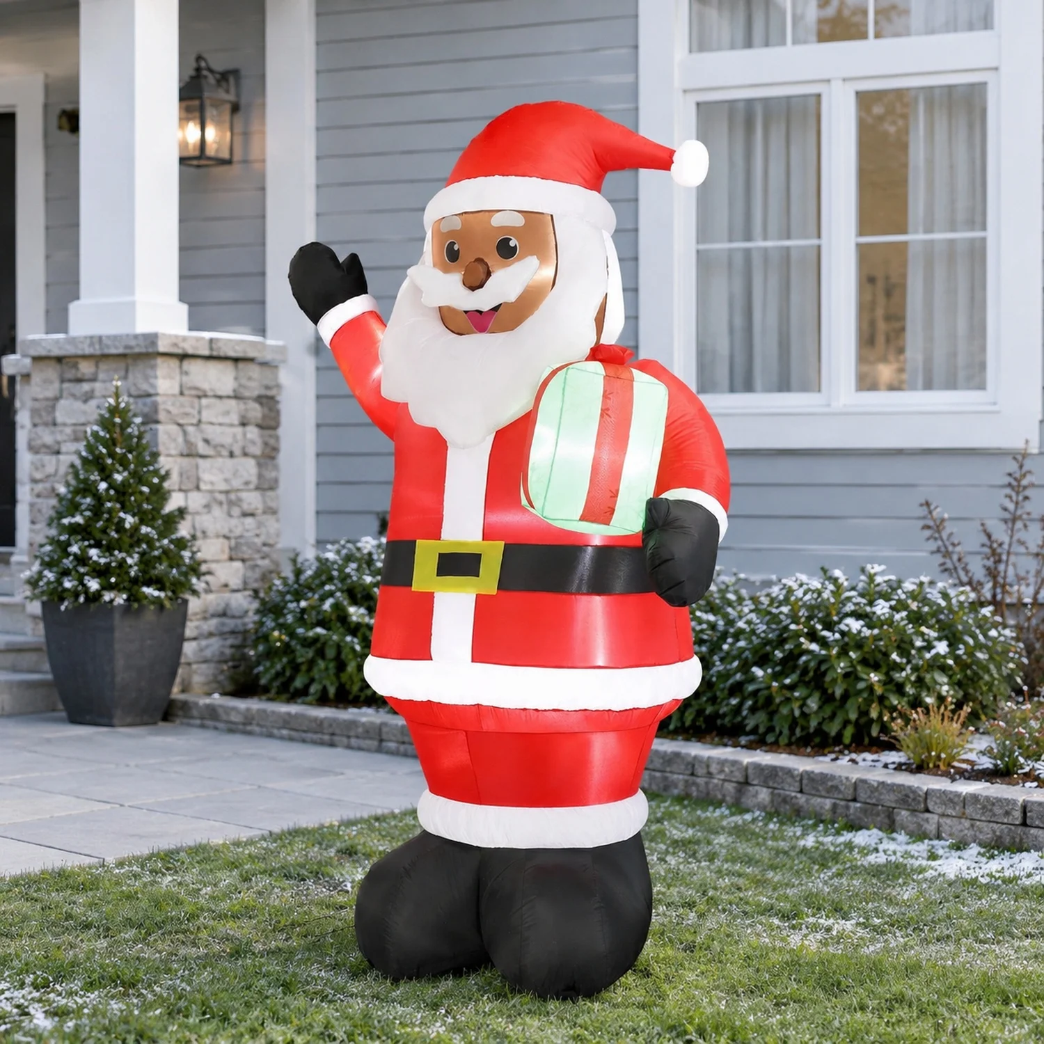 7 FT Lighted Christmas Inflatable Decoration, Black Santa Claus Holding Gift, Funny Blow Up Yard with Built-in LED for Holiday