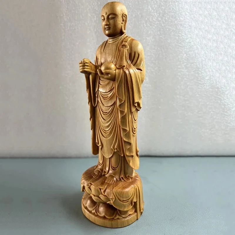 Cypress Wood Ksitigarbha Bodhisattva Statue Standing Jizo Lotus Base Feng Shui Ornament Protection Safety Home Altar Decor view 4