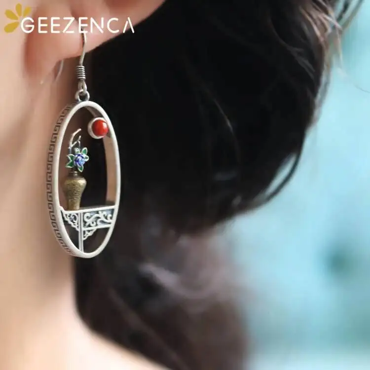 925 Sterling Silver Handmade Enameling Flower Vase Drop Earrings Unique Ethnic Vintage Earring Unusual Personality Fine Jewelry