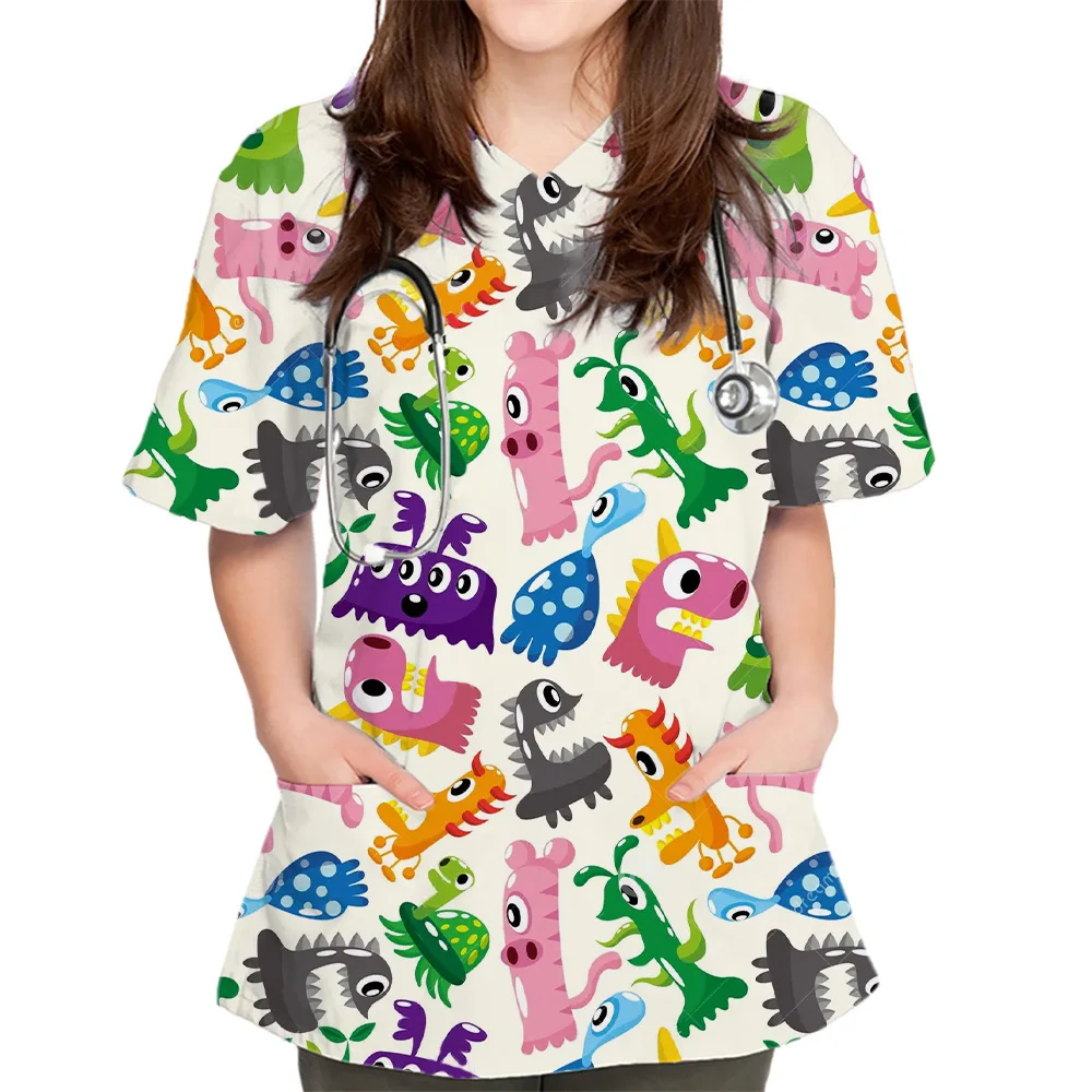 Chirurgische Uniform Frau Niedlicher Dinosaurier Cartoon Print Chirurgische Uniformen V-Ausschnitt Kurzarm Haustier Medizinisches Top Damen OP-Bekleidung