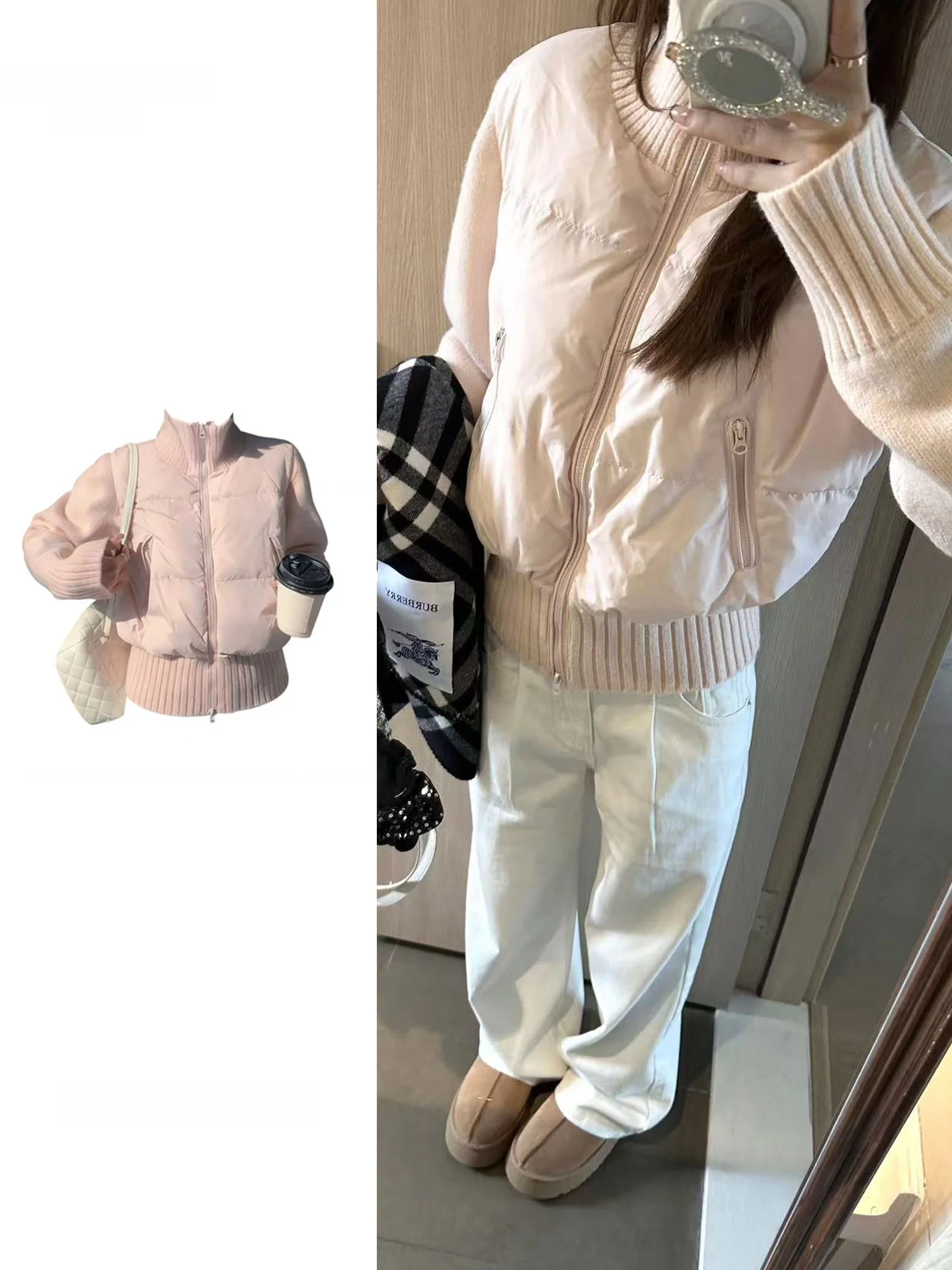 plus Size Knitted Short Puffer Jacket Women's Winter Coat Korean Style Small Figure Warm Cotton Candy Fluffy Outerwear